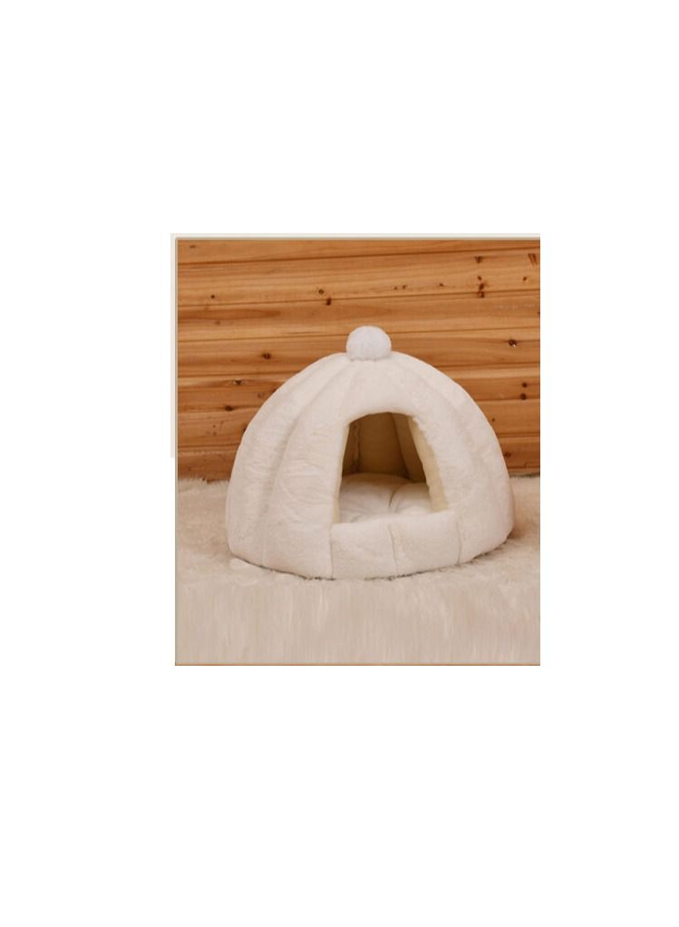 HOODED PET HOUSE ROUND WITH SOFT COTTON BED – 48*40 CM – MEDIUM – WHITE