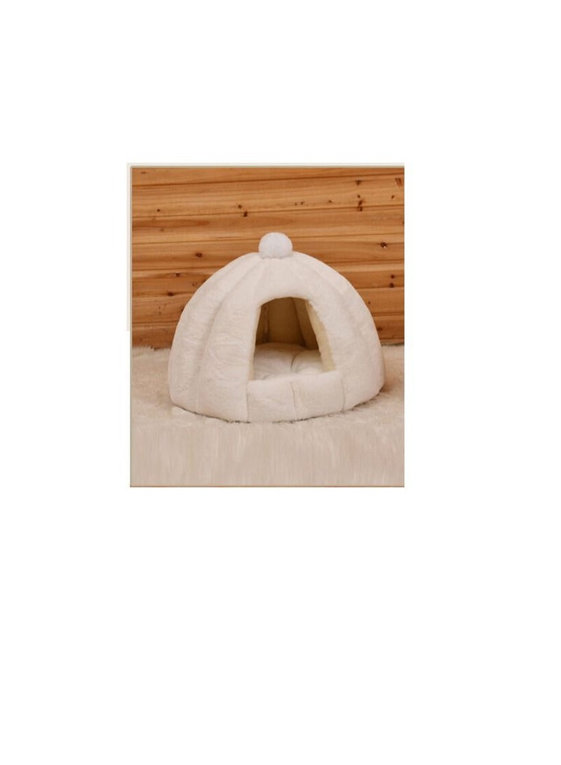 HOODED PET HOUSE ROUND WITH SOFT COTTON BED – 48*40 CM – MEDIUM – WHITE