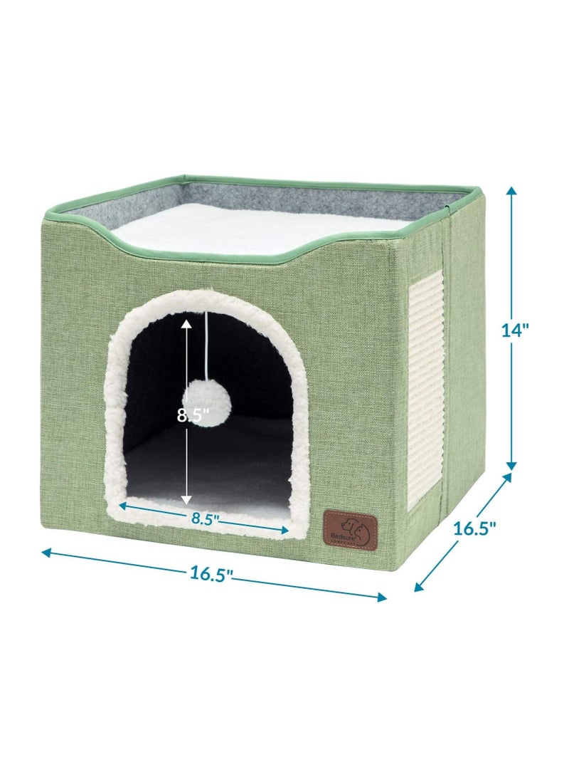 Folding Cat House With Cat Scratcher and Fluffy Ball For Large Cats For Kittens And Puppies Cat Beds For Indoor Cats 16.5 x 16.5 x 14.2 Inch (Green)