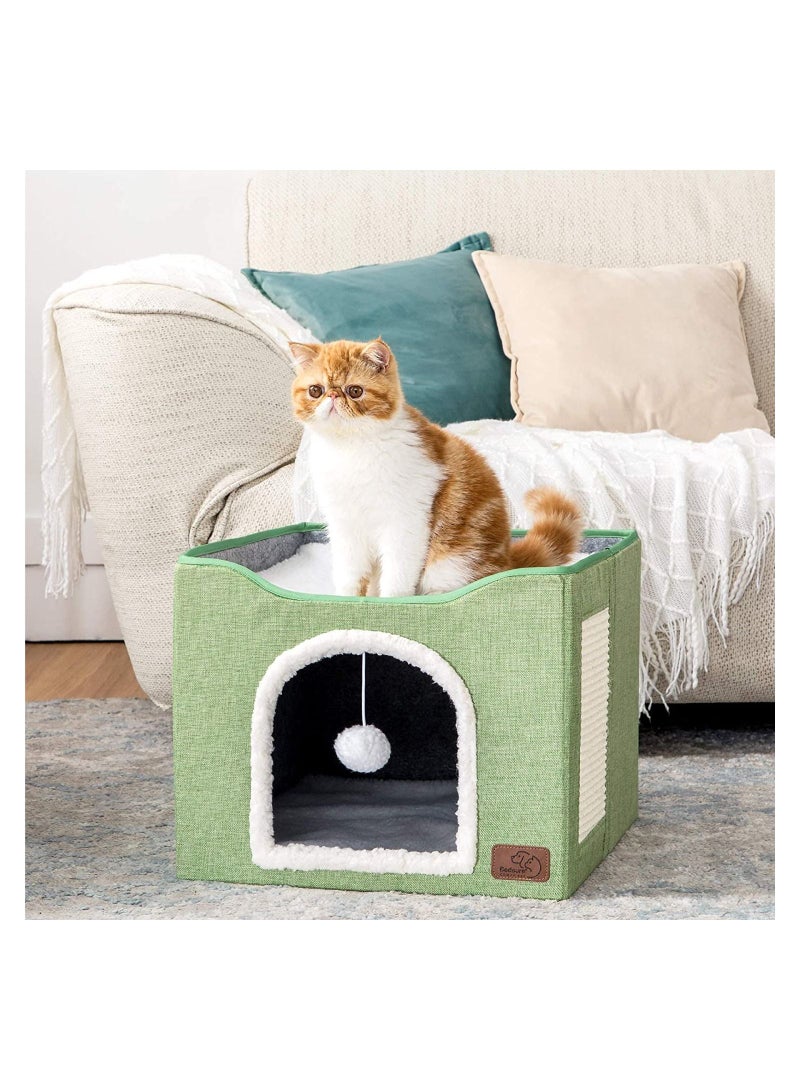 Folding Cat House With Cat Scratcher and Fluffy Ball For Large Cats For Kittens And Puppies Cat Beds For Indoor Cats 16.5 x 16.5 x 14.2 Inch (Green)