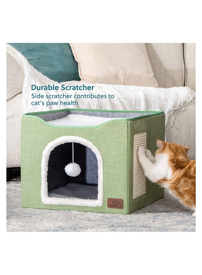 Folding Cat House With Cat Scratcher and Fluffy Ball For Large Cats For Kittens And Puppies Cat Beds For Indoor Cats 16.5 x 16.5 x 14.2 Inch (Green)