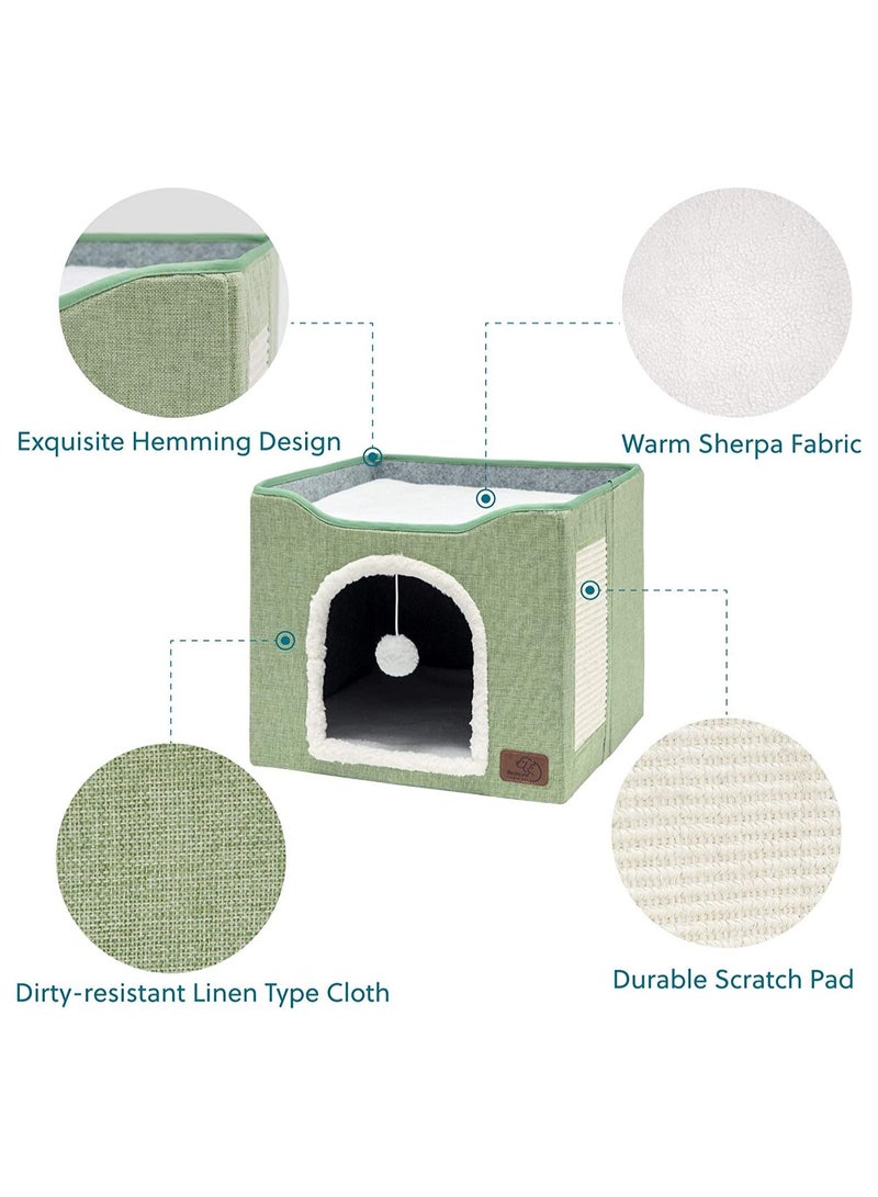 Folding Cat House With Cat Scratcher and Fluffy Ball For Large Cats For Kittens And Puppies Cat Beds For Indoor Cats 16.5 x 16.5 x 14.2 Inch (Green)