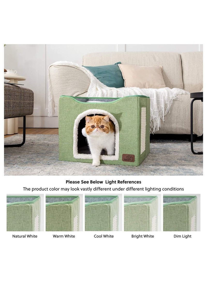 Folding Cat House With Cat Scratcher and Fluffy Ball For Large Cats For Kittens And Puppies Cat Beds For Indoor Cats 16.5 x 16.5 x 14.2 Inch (Green)