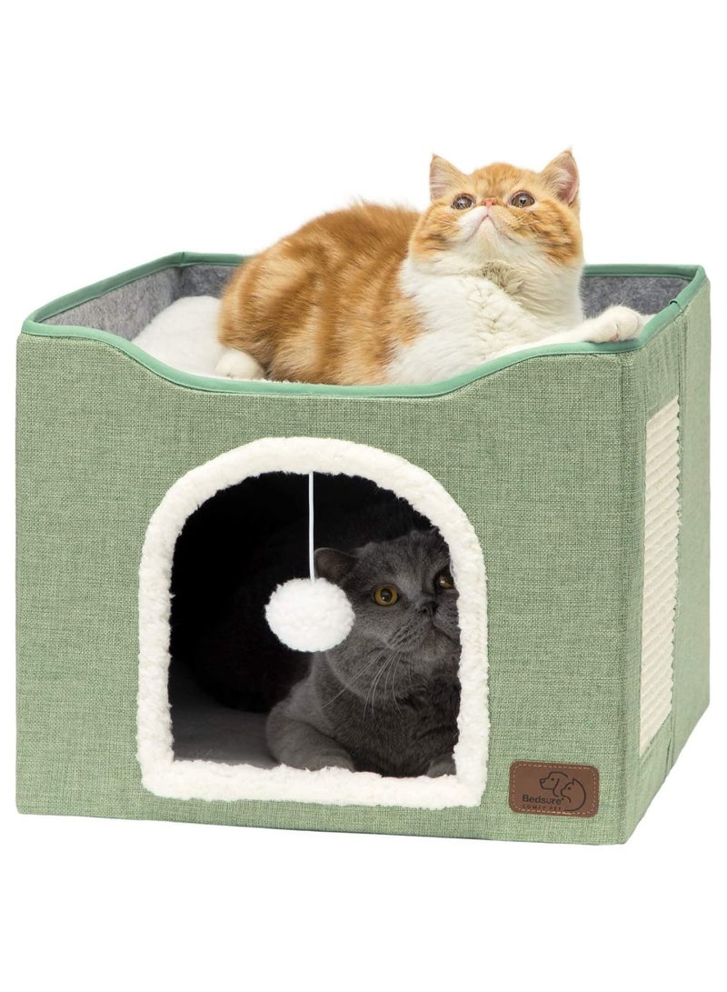 Folding Cat House With Cat Scratcher and Fluffy Ball For Large Cats For Kittens And Puppies Cat Beds For Indoor Cats 16.5 x 16.5 x 14.2 Inch (Green)