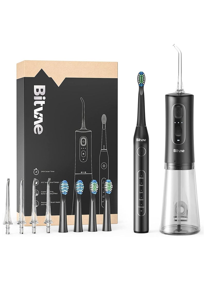 Bitvae Electric Toothbrush with Water Flosser, 4H Charge Maximum 30 Days Use, 5 Modes Sonic Electric Toothbrush, 3 Modes Cordless Dental Flosser Picks, 4 Brush Heads and 4 Water Jet Tips