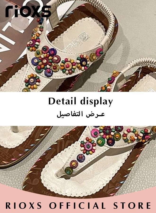 Women's Flat Sandals, Bohemian Beaded Sandals For Women, Ladies Ankle Strap Beach Slide Sandal, Casual Flat Flip Flops, Beach Slip-on Open-toes Shoes For Ladies, Fashion Bohemian Flip-flops For Vacation Shopping Walking Daily Wear