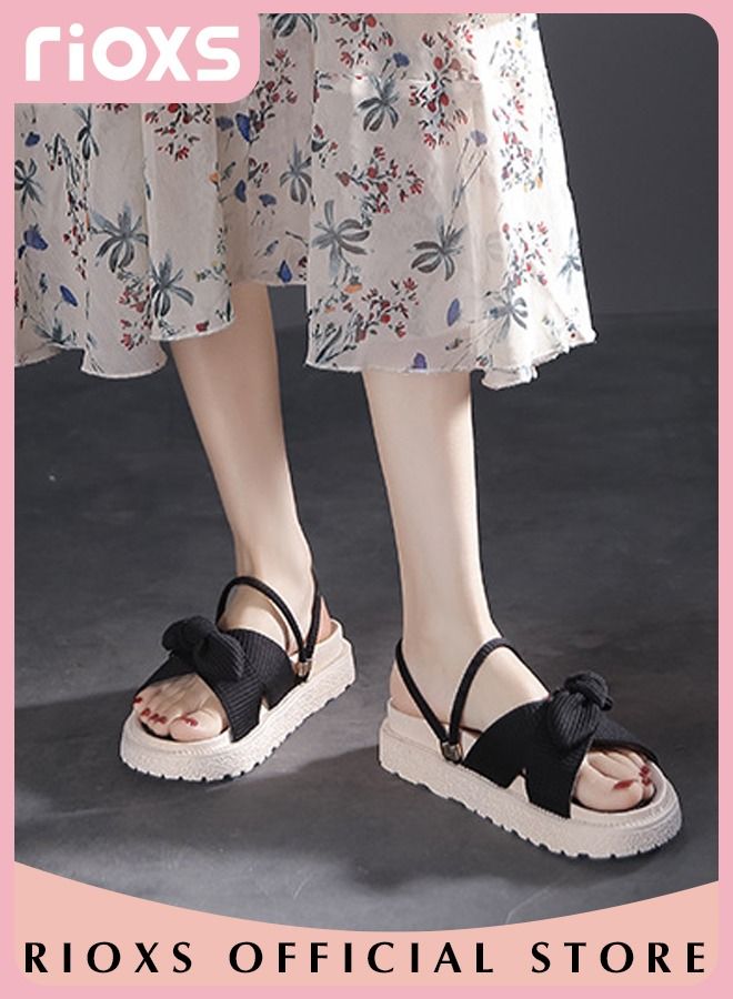 Women's Summer Fashion Flats Bowknot Slippers Casual Open Round Toe Slippers Anti-slip Beach Soft Sole Sandals