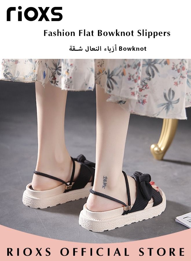 Women's Summer Fashion Flats Bowknot Slippers Casual Open Round Toe Slippers Anti-slip Beach Soft Sole Sandals