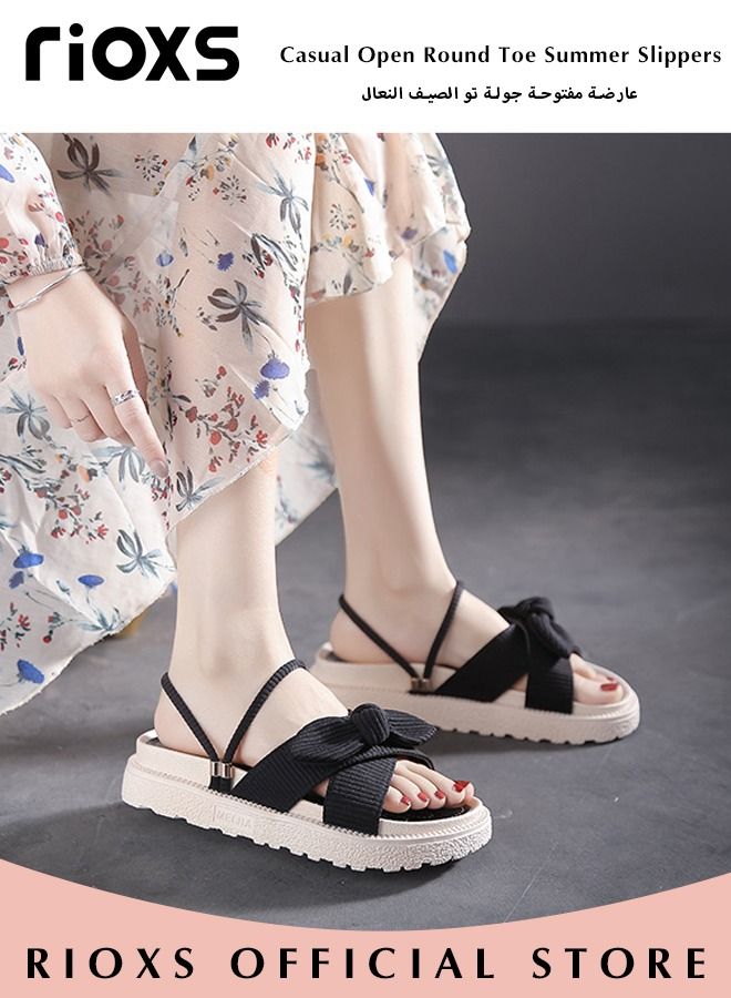 Women's Summer Fashion Flats Bowknot Slippers Casual Open Round Toe Slippers Anti-slip Beach Soft Sole Sandals