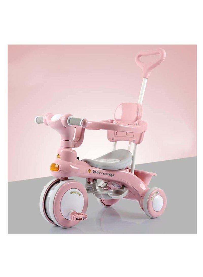 4 in 1 Baby Cycle Foot Pedals Storage Bag Sponge Guardrail and Shock-Absorbing Wheels Tricycle for 1-6 Years Pink Color