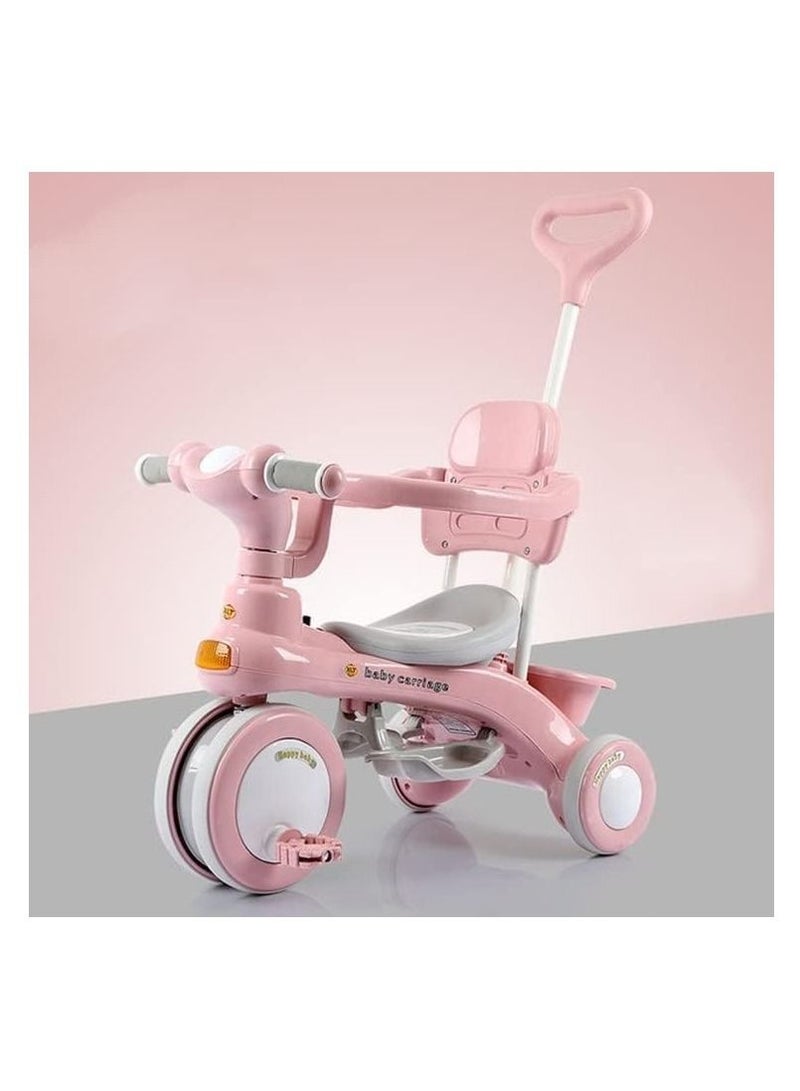 Pink Color 4 in 1 Baby Cycle Foot Pedals Storage Bag Sponge Guardrail and Shock-Absorbing Wheels Tricycle for 1 To 6 Years