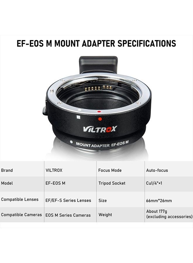 EF-EOS M Lens Mount Auto Focus Adapter, Compatible with Canon EF/EF-S Lens to Canon EOS M (EF-M Mount) Mirrorless Camera Body EOS M100 M50 M3 M10 M6 M5