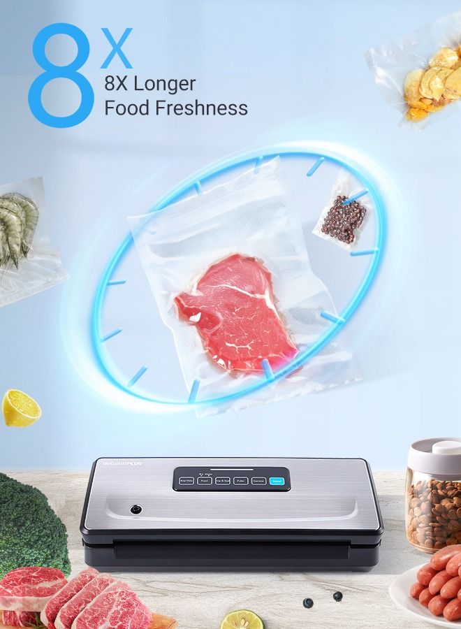 INKBIRD Vacuum Sealer Machine INK-VS02 Automatic Sealing for Food Preservation Dry & Moist Sealing Modes Built-in Cutter Starter Kit Easy Cleaning Stainless Steel Panel Compact Design