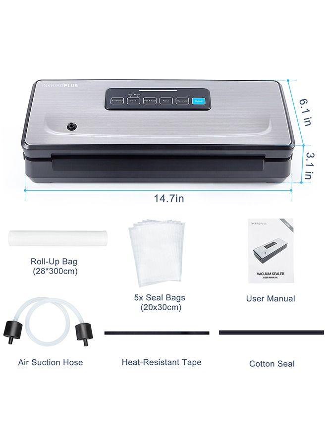 INKBIRD Vacuum Sealer Machine INK-VS02 Automatic Sealing for Food Preservation Dry & Moist Sealing Modes Built-in Cutter Starter Kit Easy Cleaning Stainless Steel Panel Compact Design