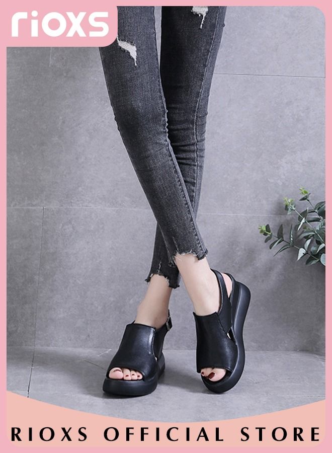 Women's Fashion Wedge Sandals Casual Non-Slip Thick Sole Platform Sandals Lightweight Open Toe Ankle Strap Sandals