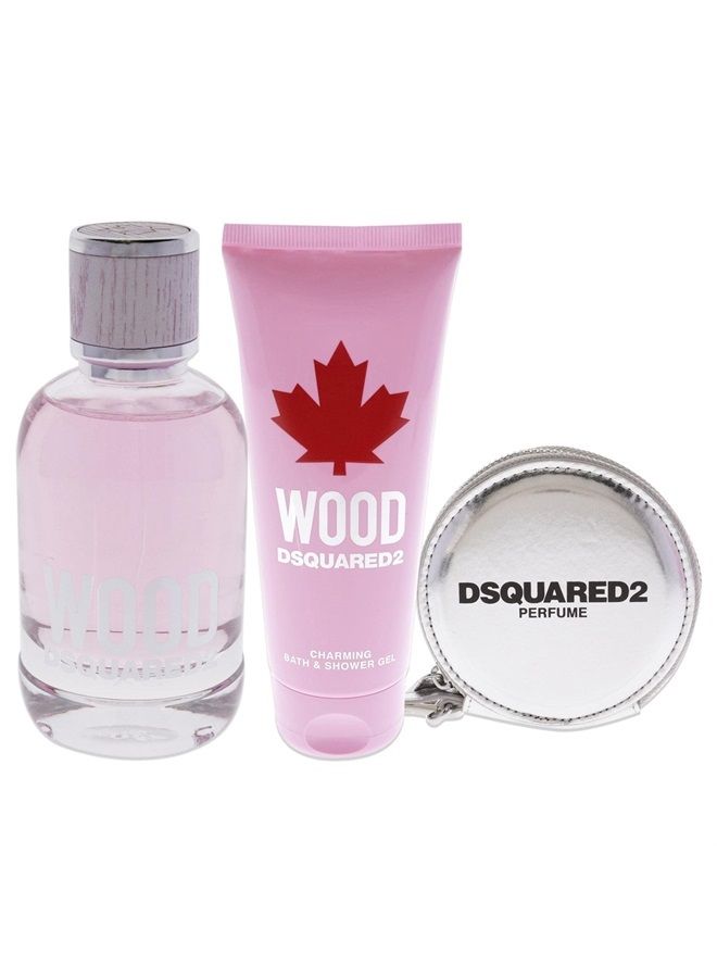 Dsquared2 Wood Women 3.4oz EDT Spray, 3.4oz Charming Bath and Shower Gel, Silver Round Purse 3 Pc Gift Set