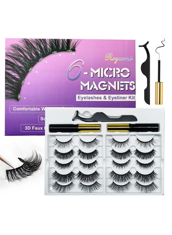 10 Pairs Magnetic Eyelashes with Eyeliner, Magnetic Lashes Natural Looking, Magnetic Eyelash Kit,Latest Six Magnets, With 3D 5D Reusable False Lashes, Easy to Wear, No Glue Needed