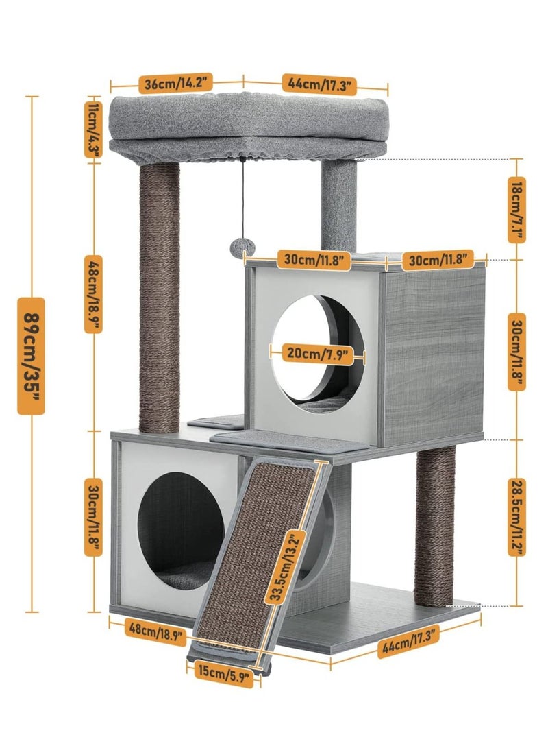 Cat Tree 89cm Wooden Cat Tower with Double Condos Spacious Perch Fully Wrapped Scratching Sisal Posts and Replaceable Dangling Balls 89x48x44cm