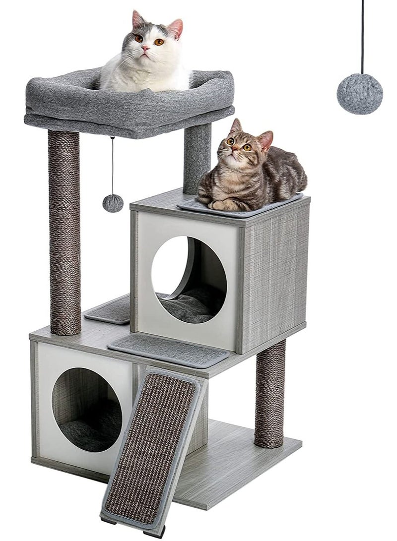 Cat Tree 89cm Wooden Cat Tower with Double Condos Spacious Perch Fully Wrapped Scratching Sisal Posts and Replaceable Dangling Balls 89x48x44cm