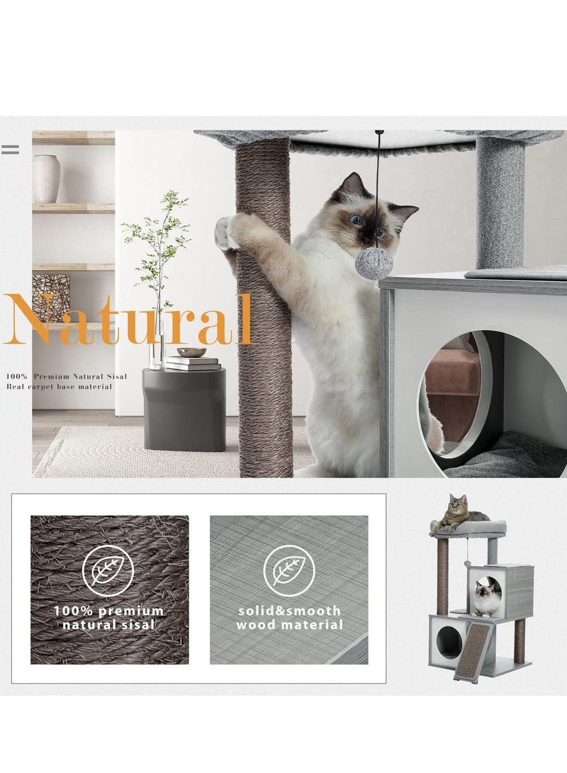 Cat Tree 89cm Wooden Cat Tower with Double Condos Spacious Perch Fully Wrapped Scratching Sisal Posts and Replaceable Dangling Balls 89x48x44cm