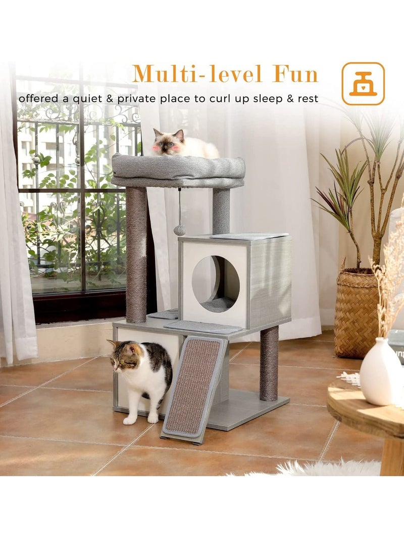 Cat Tree 89cm Wooden Cat Tower with Double Condos Spacious Perch Fully Wrapped Scratching Sisal Posts and Replaceable Dangling Balls 89x48x44cm