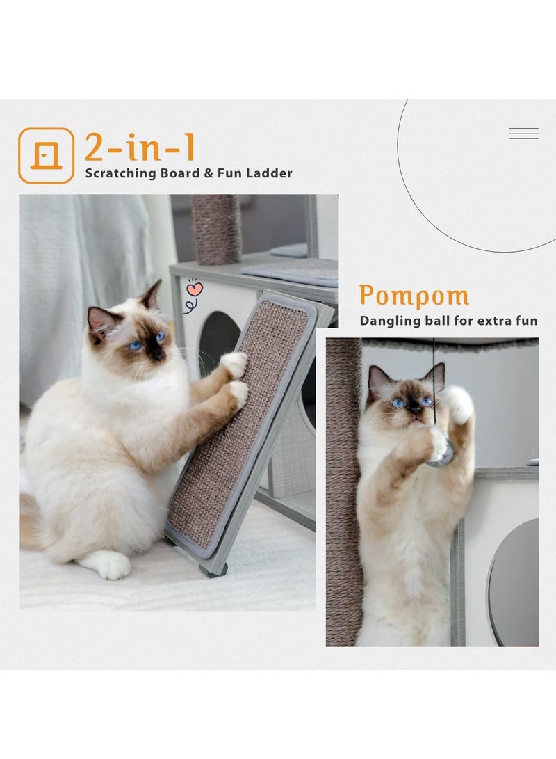 Cat Tree 89cm Wooden Cat Tower with Double Condos Spacious Perch Fully Wrapped Scratching Sisal Posts and Replaceable Dangling Balls 89x48x44cm