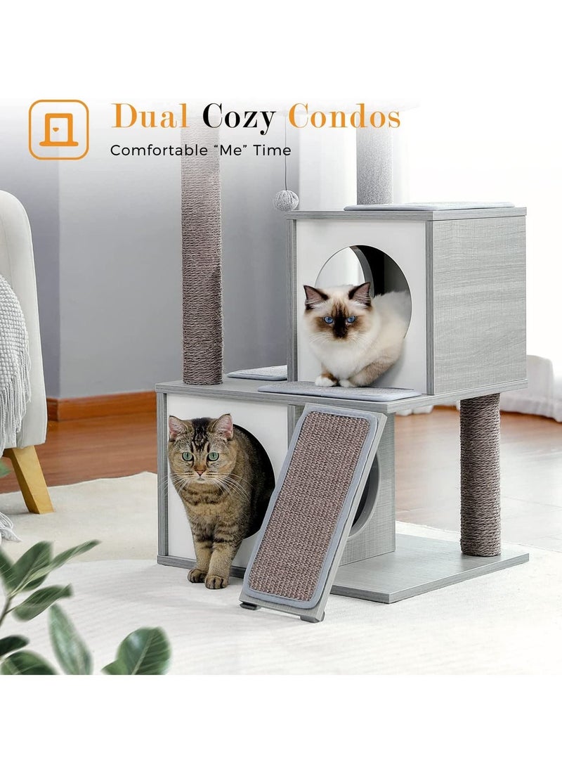 Cat Tree 89cm Wooden Cat Tower with Double Condos Spacious Perch Fully Wrapped Scratching Sisal Posts and Replaceable Dangling Balls 89x48x44cm