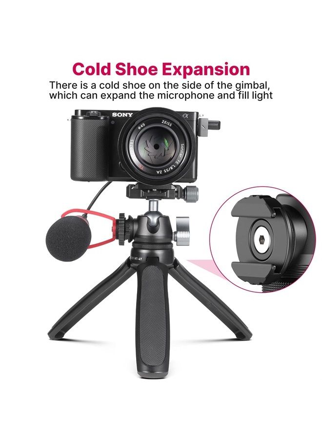 MT-47 Camera Tripod Aluminum Alloy Mini Travel Phone Tripod Stand Compact Desktop Tripod for DSLR, 360° Ball Head with 1/4 inch Arca Quick Release Plate Cold Shoe Portable Vlog Selfie Stick