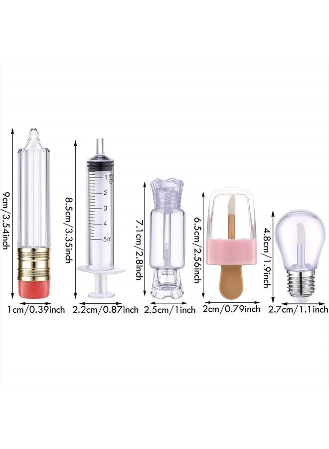 28 Pieces Transparent Empty Lip Gloss Tube Containers, Include 24 Pencil and Candy Shaped Lip Oil Bottles, Ice Cream and Funny Light Bulb Shaped Lip Balm Tube, 4 Plastic Syringe for Women Girls DIY