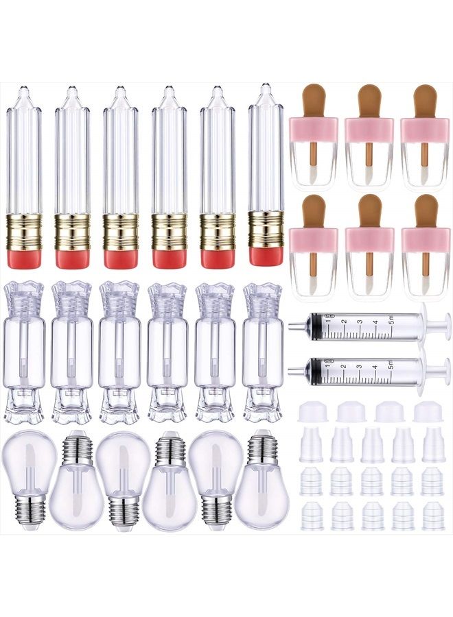 28 Pieces Transparent Empty Lip Gloss Tube Containers, Include 24 Pencil and Candy Shaped Lip Oil Bottles, Ice Cream and Funny Light Bulb Shaped Lip Balm Tube, 4 Plastic Syringe for Women Girls DIY