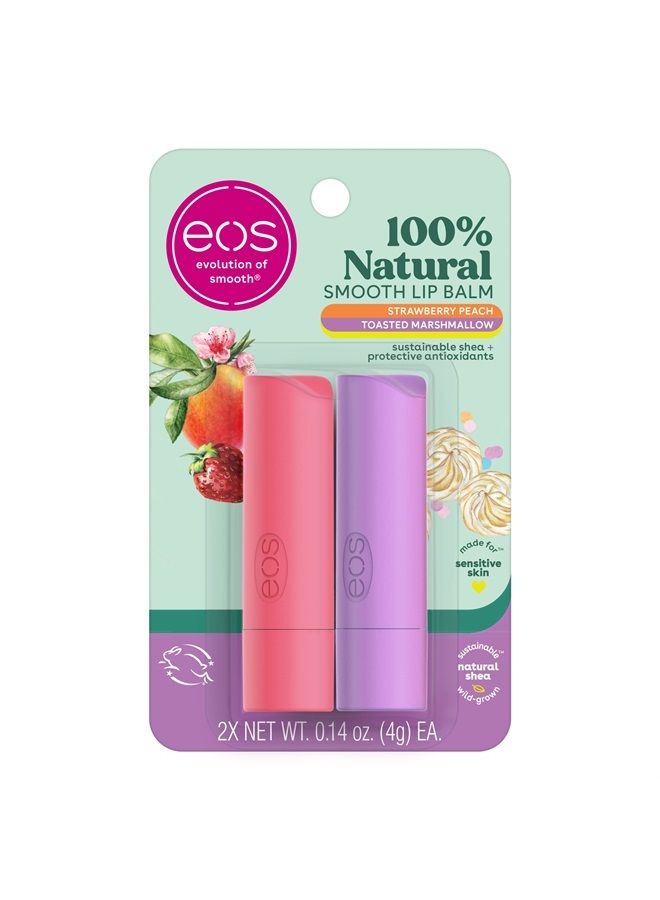 100% Natural Lip Balm- Strawberry Peach and Toasted Marshmallow, All-Day Moisture Lip Care, 0.14 oz, 2 Pack