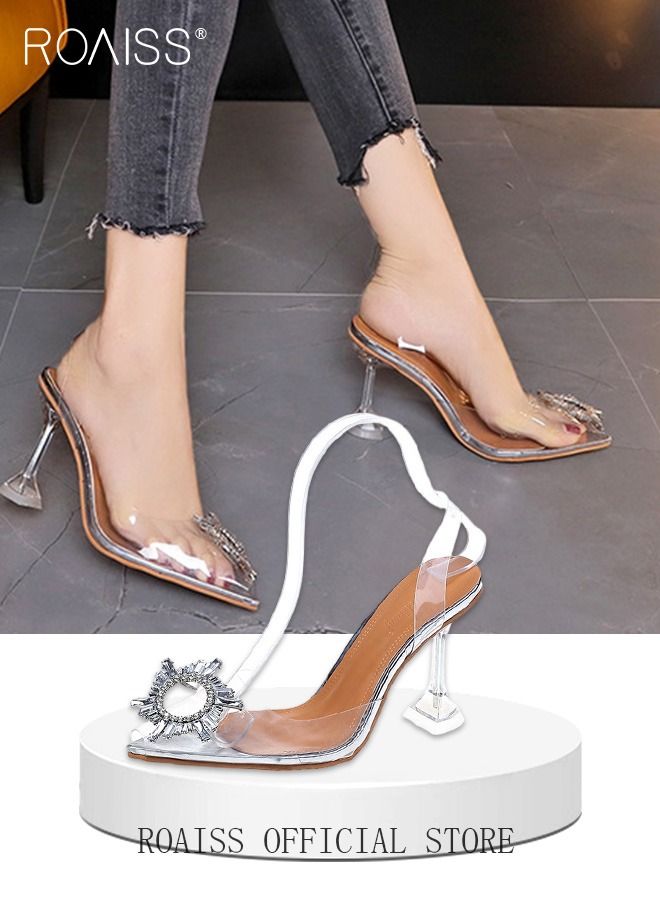 Women Rhinestone Detail Sculptural Clear Heeled Slingback Pumps Fashion Crystal High Heels Slip On Slingback Pointed Closed Toe Transparent PVC Dress Wedding Sandals Summer Shoes