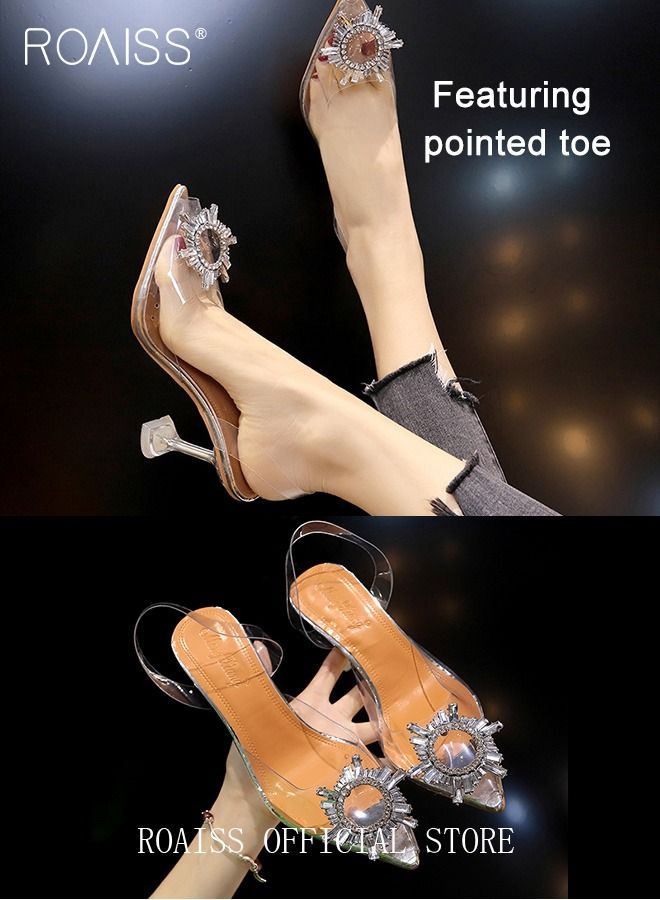 Women Rhinestone Detail Sculptural Clear Heeled Slingback Pumps Fashion Crystal High Heels Slip On Slingback Pointed Closed Toe Transparent PVC Dress Wedding Sandals Summer Shoes