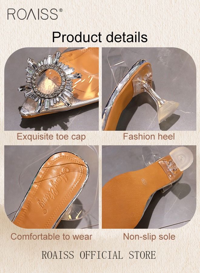 Women Rhinestone Detail Sculptural Clear Heeled Slingback Pumps Fashion Crystal High Heels Slip On Slingback Pointed Closed Toe Transparent PVC Dress Wedding Sandals Summer Shoes