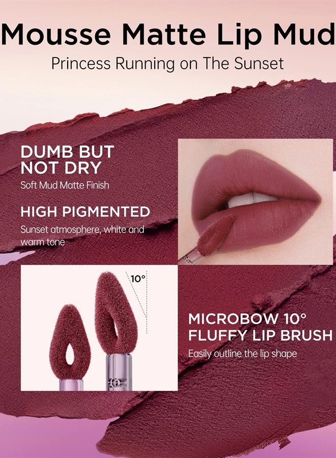 Velvety Mousse Fluffy Lip Mud (P112 Go Wild), Matte Lipstick Long Lasting Smooth Velvet Lip Stains Lip Tint Beauty Lips Makeup | Mud Texture, Sunset Warm Colors, Microbow 10° Fluffy Lip Brush