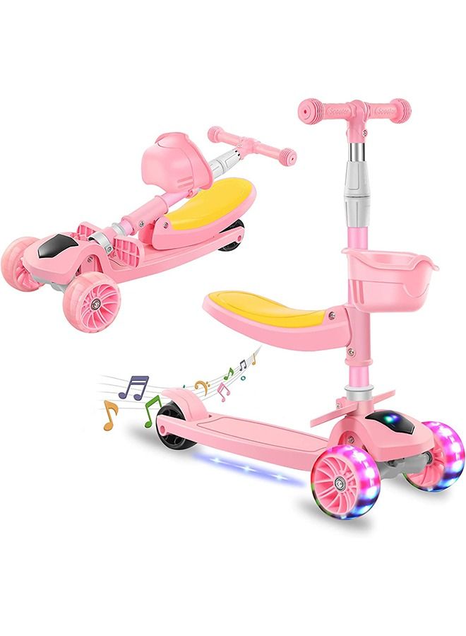 2 in 1 Scooters for Kids Toddler Scooter for Ages 2-12 Music&Light Display Kids Scooter Kick Scooter with Foldable Seat 3 Wheel Scooter and Adjustble Height