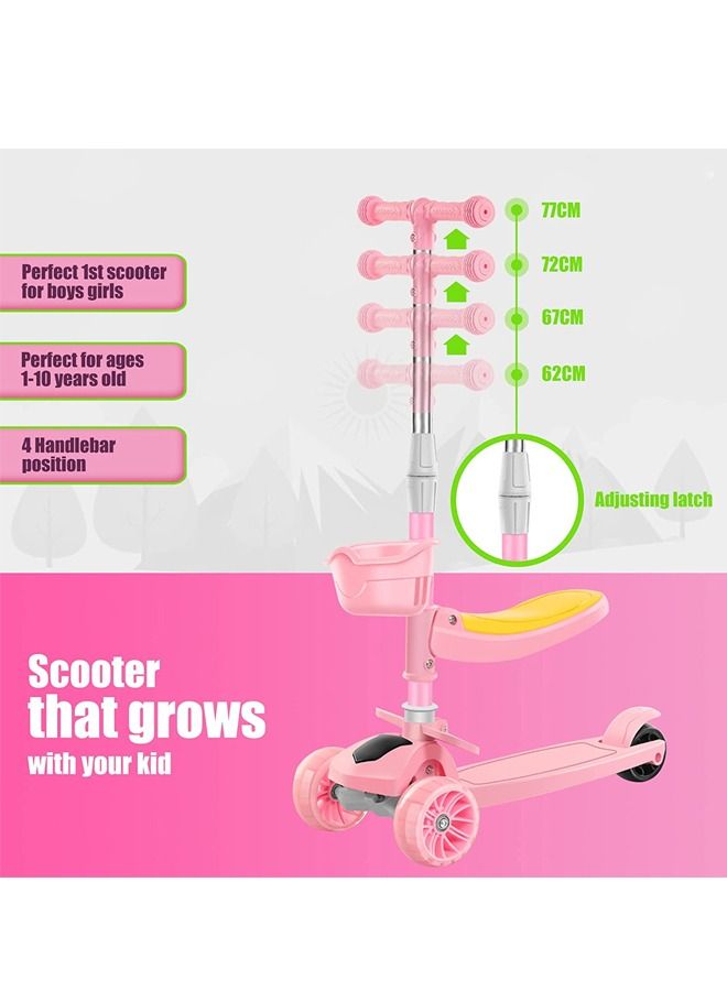 2 in 1 Scooters for Kids Toddler Scooter for Ages 2-12 Music&Light Display Kids Scooter Kick Scooter with Foldable Seat 3 Wheel Scooter and Adjustble Height