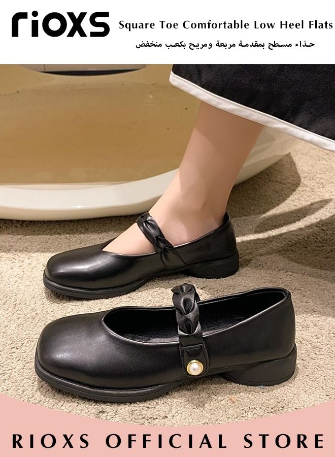 Women's Fashion Loafers Classic Soft Sole Mary Jane Shoes Square Toe Comfortable Low Heel Flats