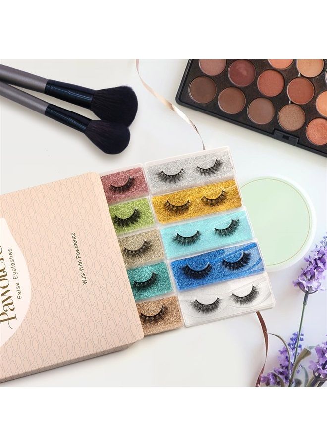 False Eyelashes 15mm Wispy Lashes Natural Look 3D Faux Mink Lashes Pack 10 Pairs 10 Styles Soft Small Short Sky High Fake Eyelashes Bulk with Glitter Portable Boxes