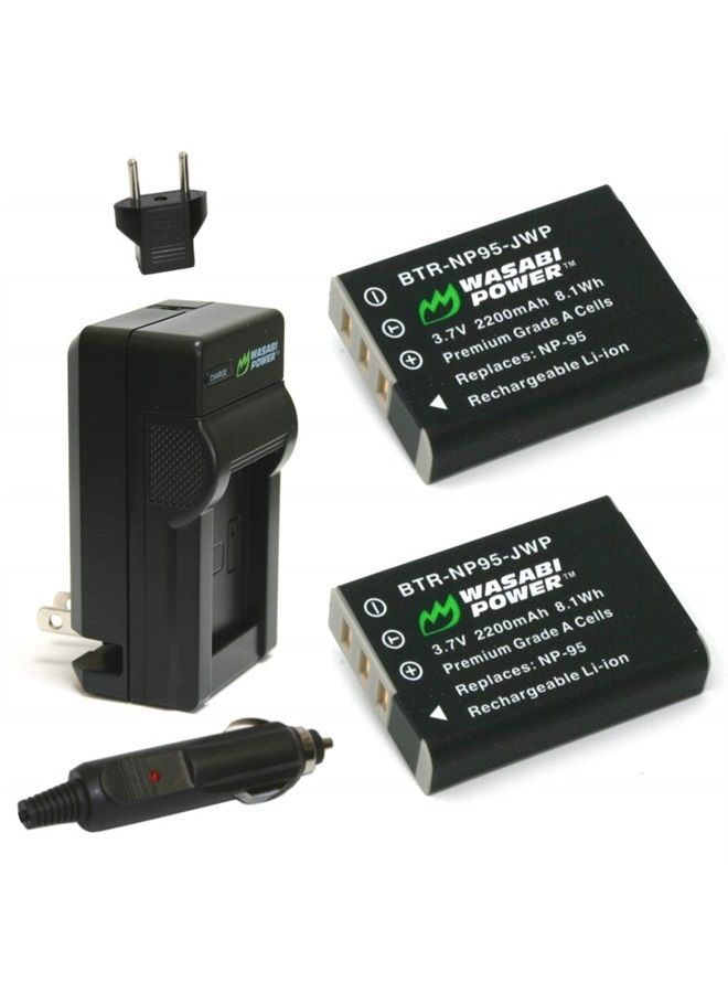 Battery (2-Pack) and Charger for Fujifilm NP-95 and Fuji FinePix REAL 3D W1, X100, X100S, X-S1