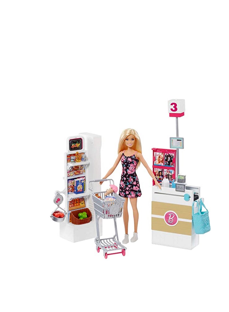 Barbie Supermarket has 3 sides of food shelves, a produce box and a scale that moves for role-play fun