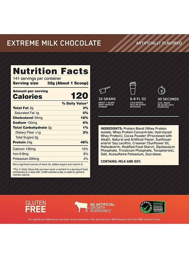 Gold Standard 100% Whey Protein Powder Primary Source Isolate, 24 Grams of Protein for Muscle Support and Recovery - Extreme Milk Chocolate, 10 Lbs, 141 Servings (4.51 KG)