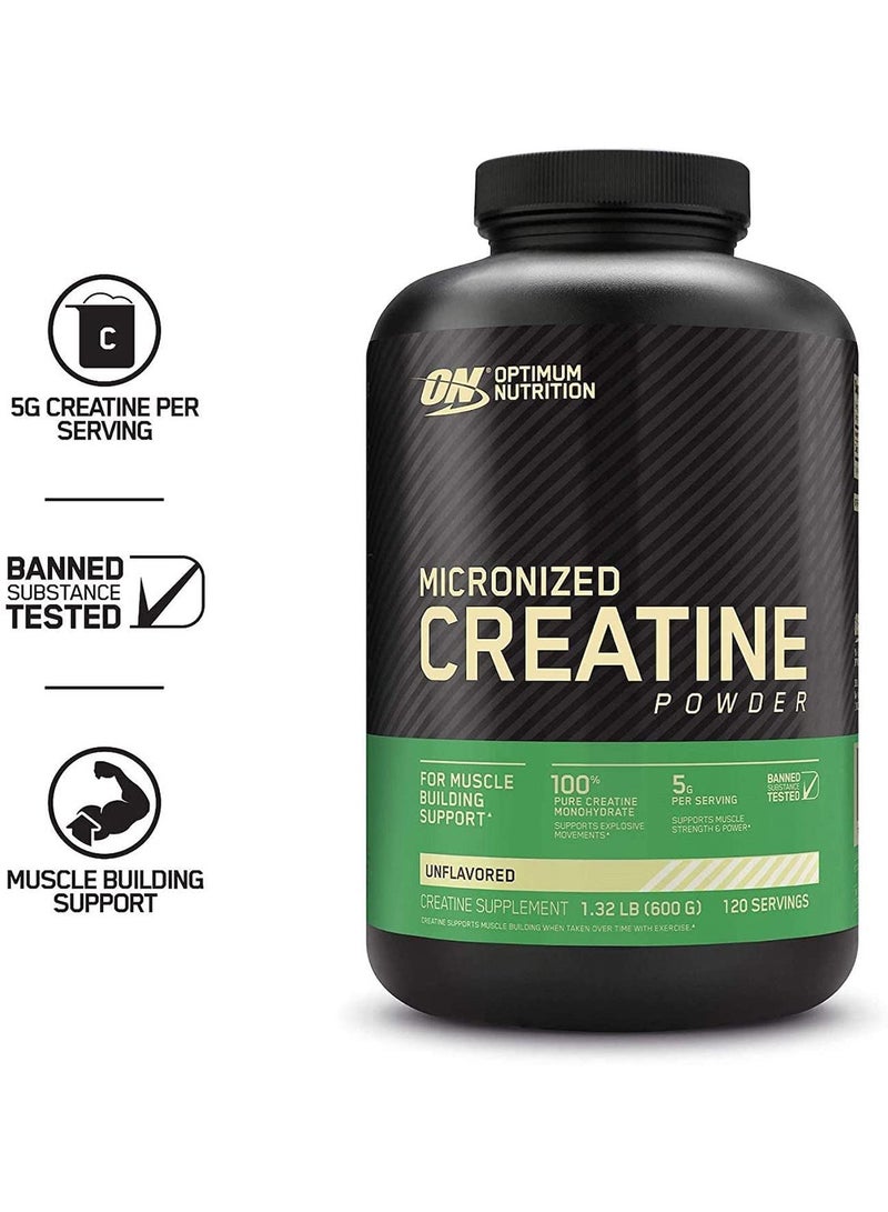 Micronized Creatine Monohydrate Powder for Muscle Building Support - Unflavored, 600 Grams, 120 Servings