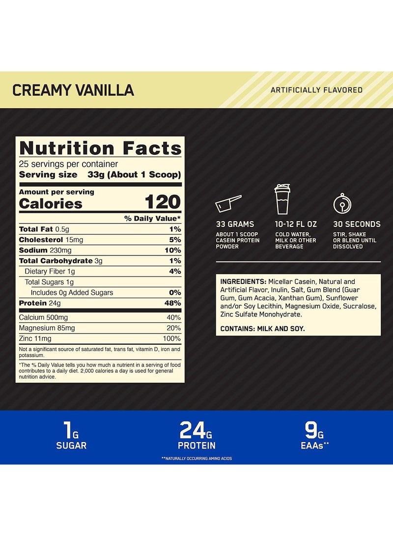 Gold Standard 100% Micellar Casein Protein Powder, 24 Grams of Protein, Slow Digesting, Helps Keep You Full, Overnight Muscle Recovery - Creamy Vanilla, 1.81 Lbs, 25 Servings (825 G)