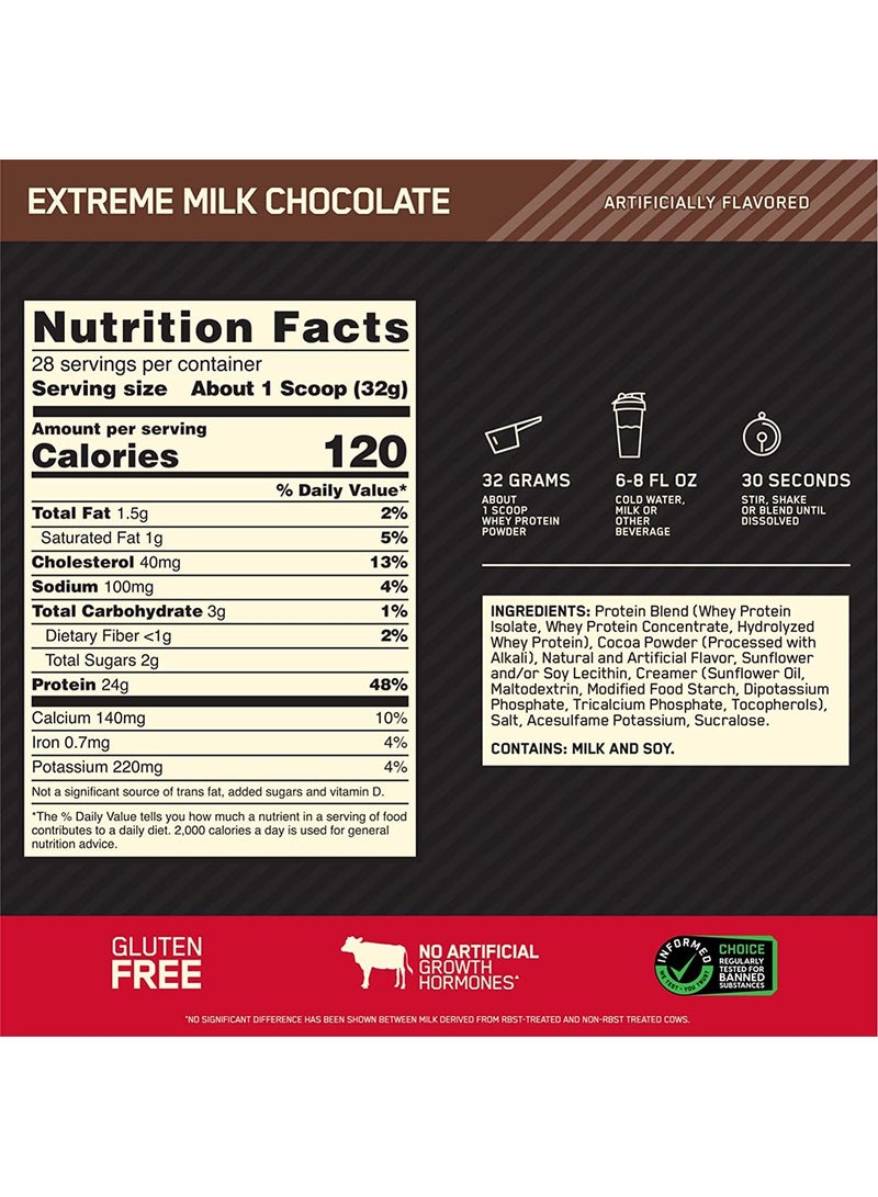 Gold Standard 100% Whey Protein Powder Primary Source Isolate, 24 Grams of Protein for Muscle Support and Recovery - Extreme Milk Chocolate, 2 Lbs, 28 Servings (907 Grams)