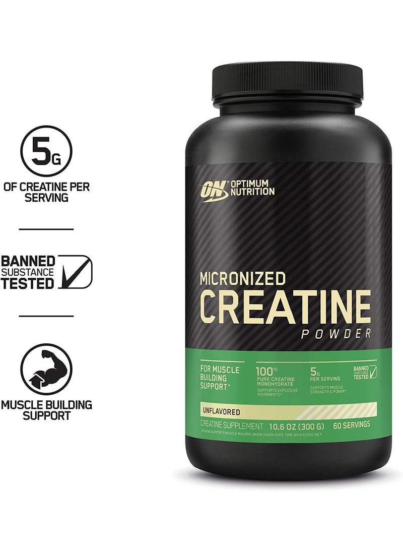 Micronized Creatine Monohydrate Powder for Muscle Building Support - Unflavored, 300 Grams, 60 Servings