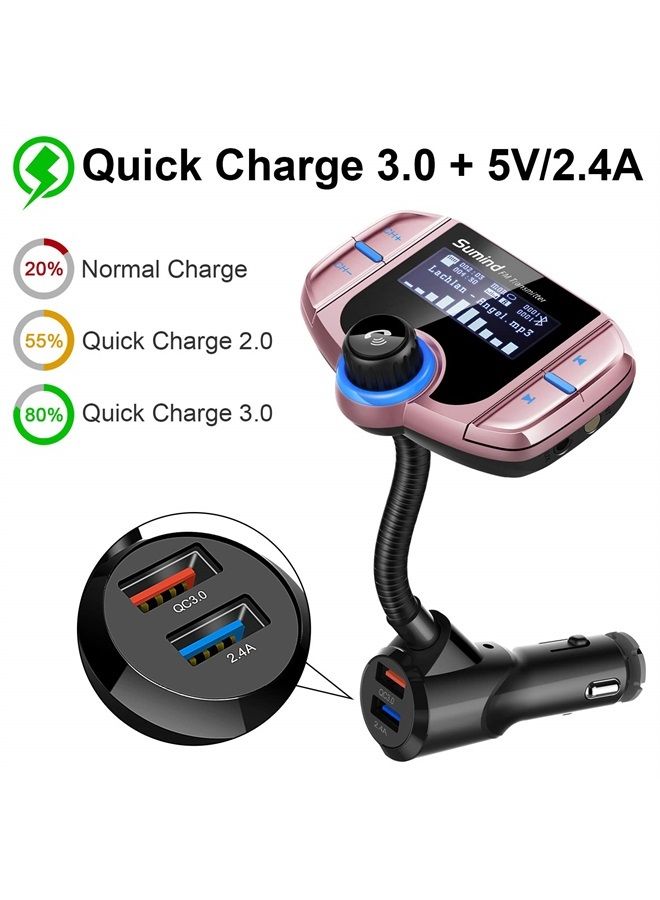 (Upgraded Version) Sumind Car Bluetooth FM Transmitter, Wireless Radio Adapter Hands-Free Kit with 1.7 Inch Display, QC3.0 and Smart 2.4A USB Ports, AUX Output, TF Card Mp3 Player(Rose Gold)