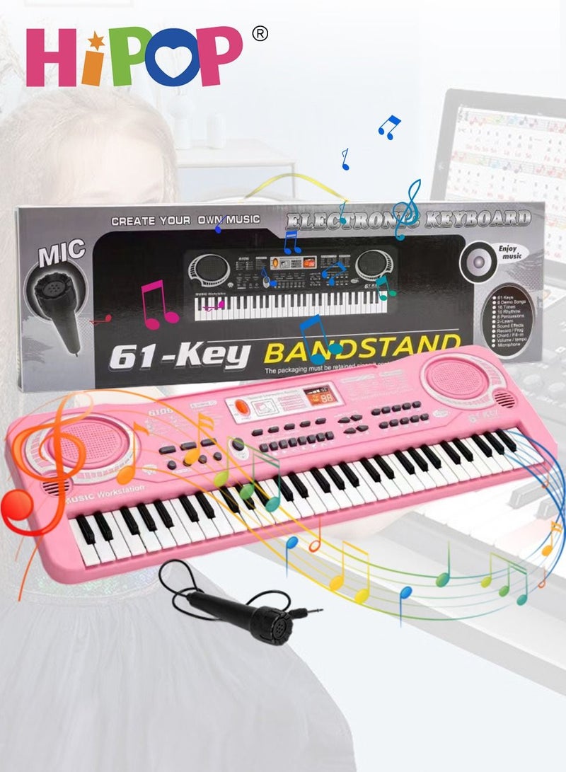 61 Keys Beginner Electronic Piano with Microphone,Educational Digital Keyboards Set Pink,Gift for Kids