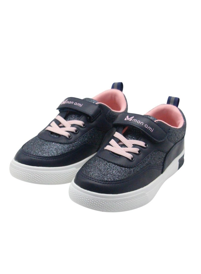 Girls’ Casual Sneakers – Lightweight Glitter Lace-Up Shoes with Hook & Loop Strap, Cushioned Sole, and Breathable Design for School and Everyday Play