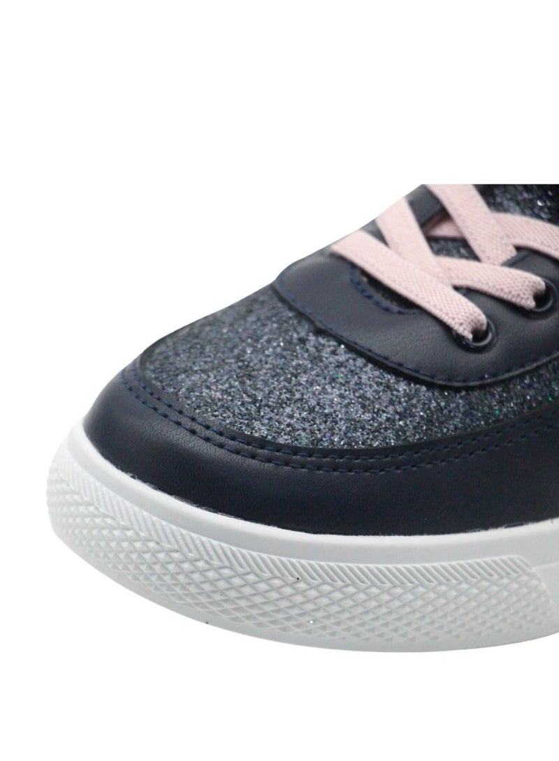 Girls’ Casual Sneakers – Lightweight Glitter Lace-Up Shoes with Hook & Loop Strap, Cushioned Sole, and Breathable Design for School and Everyday Play
